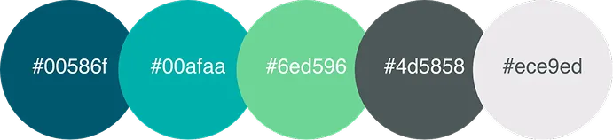 Paleta de colores de Vende Tu Factura: #00586f, #00afaa, #6ed596, #4d5858 y #ece9ed