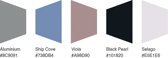 Paleta de colores Alum Spazio: Aluminium, Ship Cove, Viola, Black Pearl y Selago
