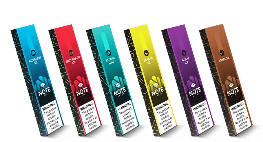 Presentaciones de Note Vapor en sus 6 sabores: Blueberry Ice, Watermelon Ice, Strong Mint, Banana Ice, Grape Ice y Tobacco