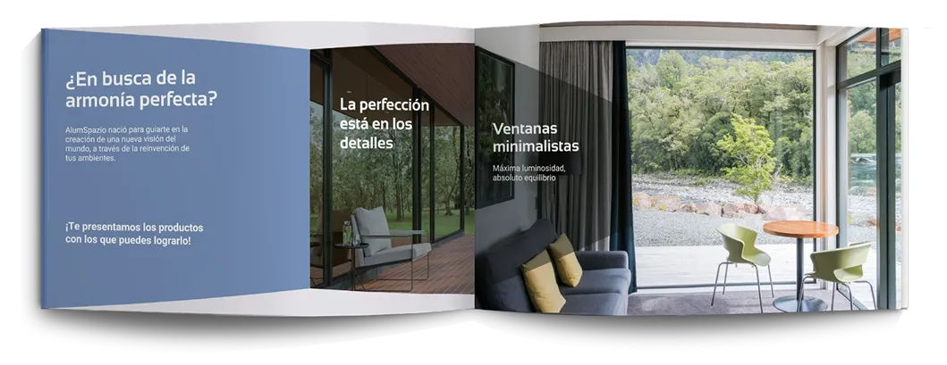Brochure de marca Alum Spazio con mensajes de identidad y fotografías de ambientes
