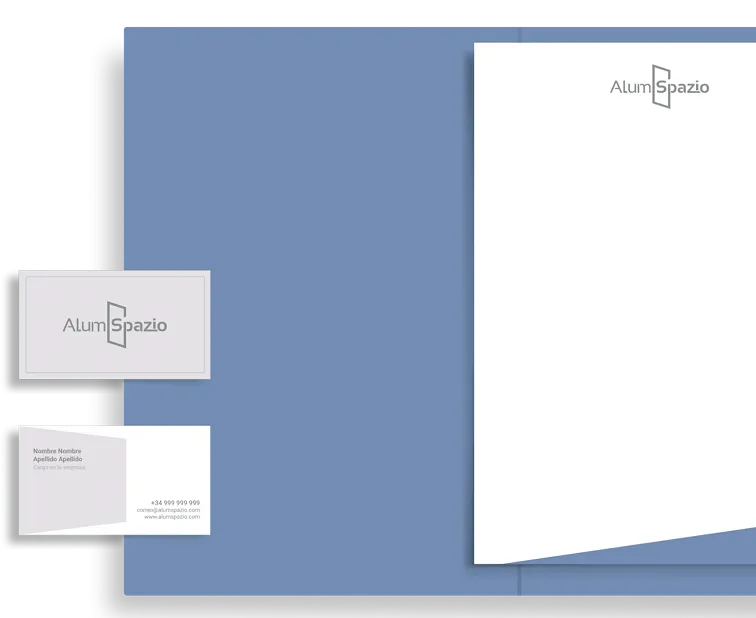 Manual de identidad de marca Alum Spazio: papelería, tarjetas y carpeta corporativa