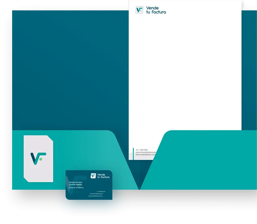 Manual de identidad de marca de Vende Tu Factura: carpeta corporativa, hoja membretada y tarjetas de presentación