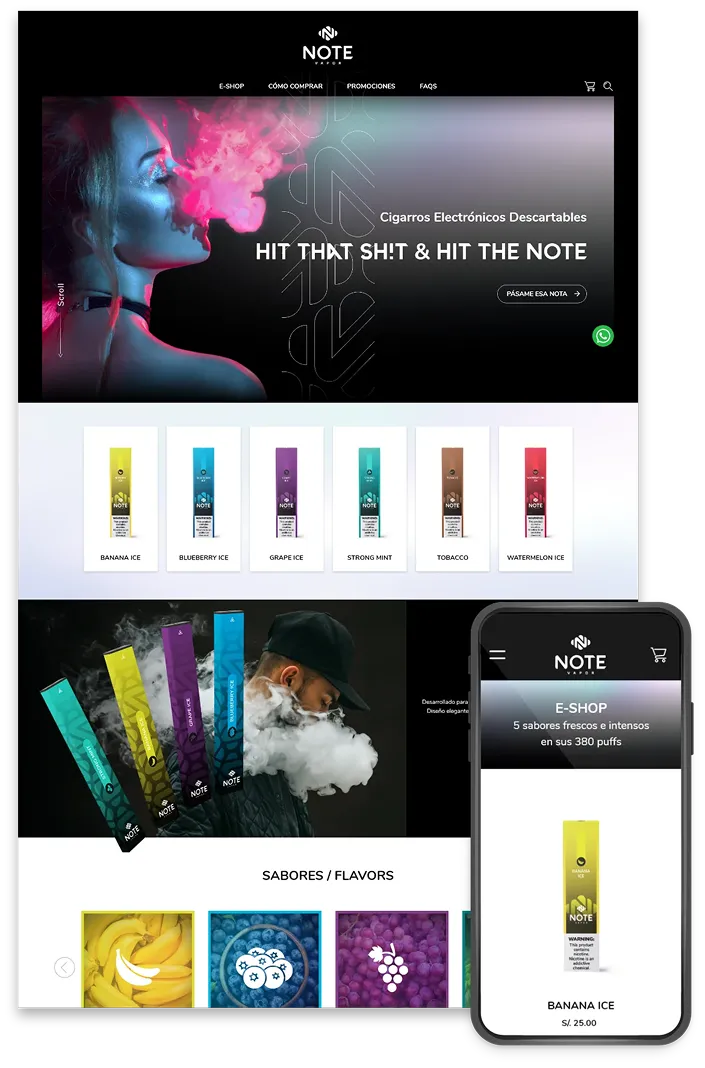 Ecommerce de Note Vapor en desktop y móvil