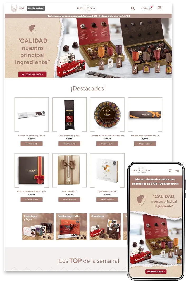 Ecommerce de Helena Chocolatier en desktop y móvil