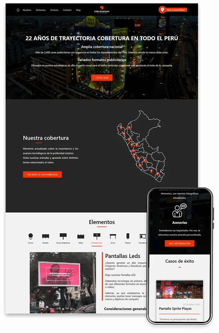 Página web renovada de Latin American Outdoors en desktop y móvil