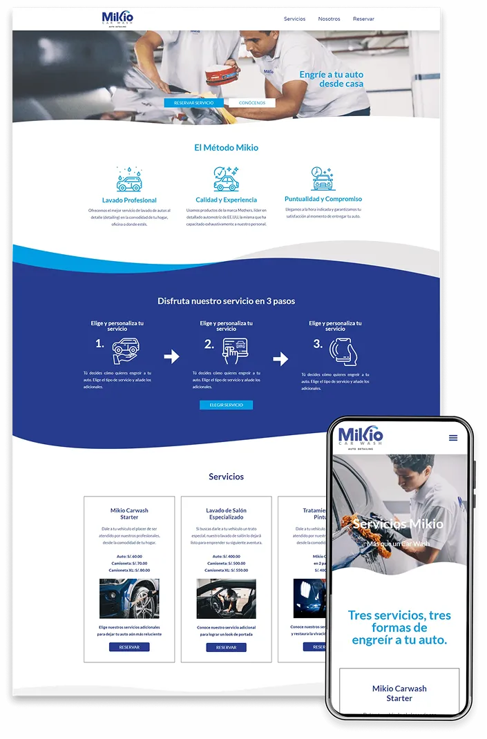 Desarrollo web de Mikio Car Wash en desktop y móvil