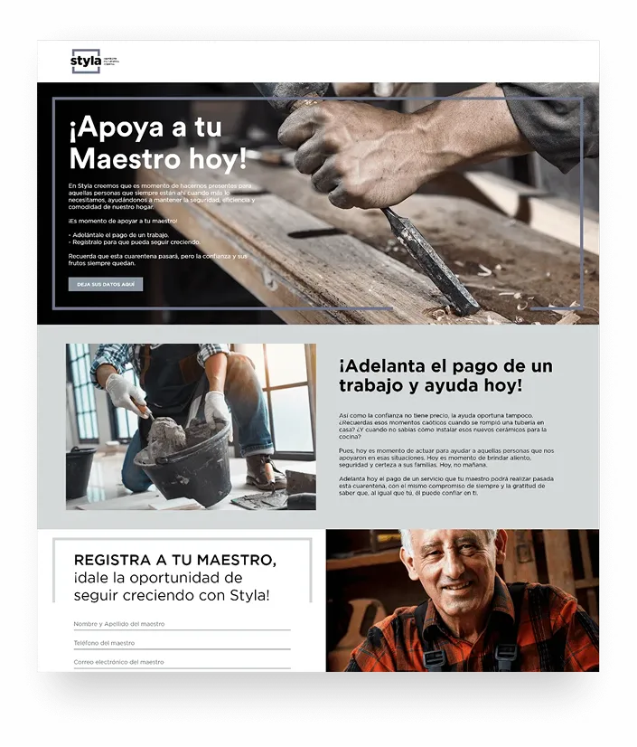 Landing page de Styla: ¡Apoya a tu Maestro hoy!