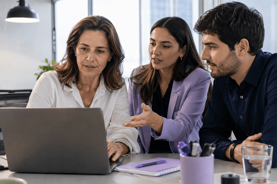 Equipo aprendiendo y colaborando frente a una computadora