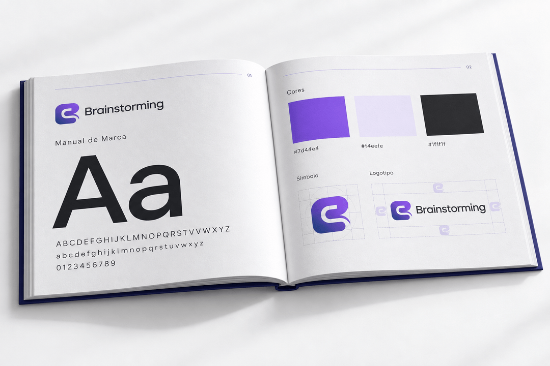 Visualización de un Manual de Marca con tipografía, colores y reglas del logotipo Brainstorming