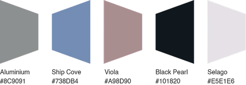 Paleta de colores Alum Spazio: Aluminium, Ship Cove, Viola, Black Pearl y Selago