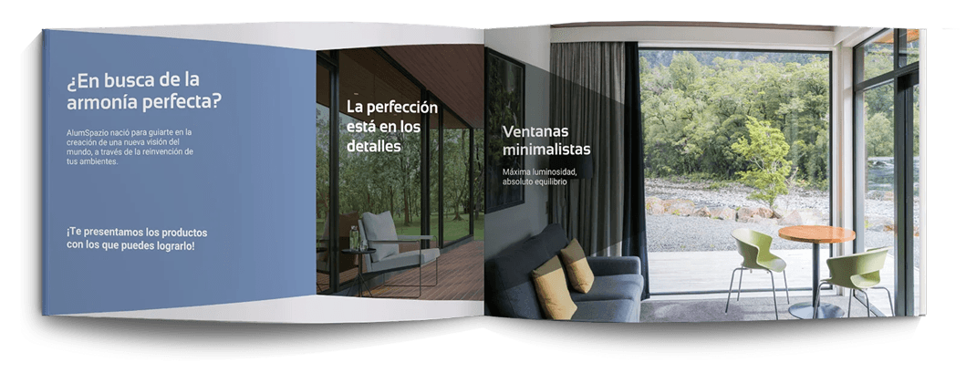 Brochure de marca Alum Spazio con mensajes de identidad y fotografías de ambientes