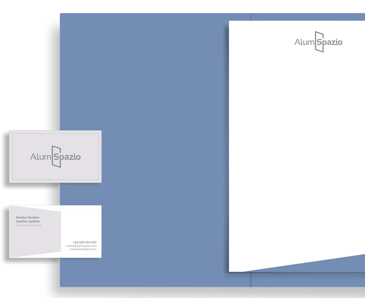 Manual de identidad de marca Alum Spazio: papelería, tarjetas y carpeta corporativa