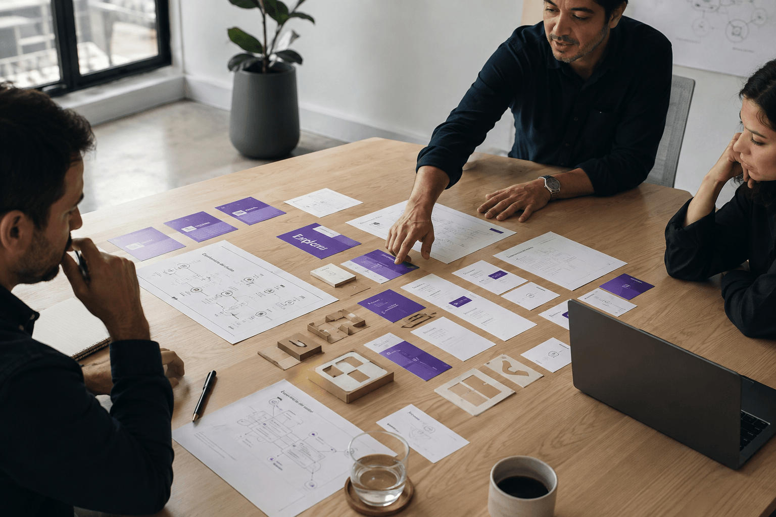 Equipo explorando oportunidades de negocio con mapas y prototipos sobre una mesa