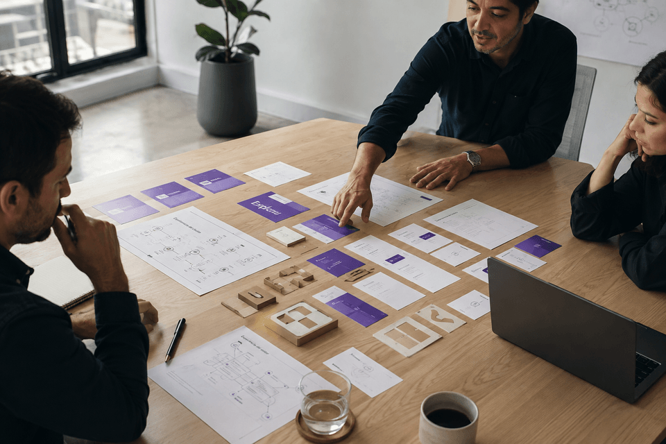 Mesa de trabajo con mapas de oportunidades y prototipos