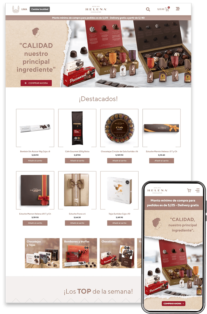 Ecommerce de Helena Chocolatier en desktop y móvil