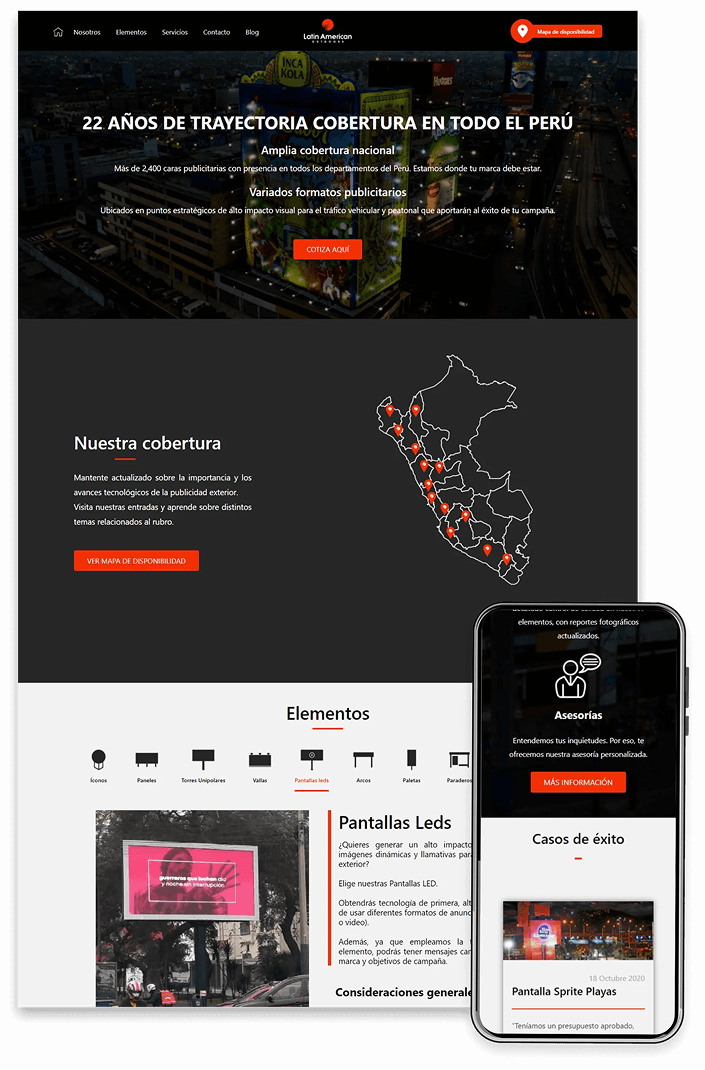 Página web renovada de Latin American Outdoors en desktop y móvil