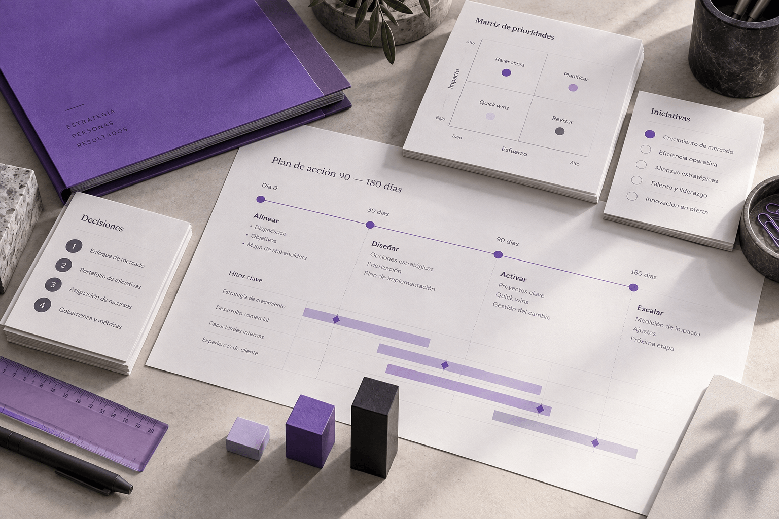 Roadmap estratégico de 90 a 180 días, matriz de prioridades y tarjetas de decisión sobre una mesa