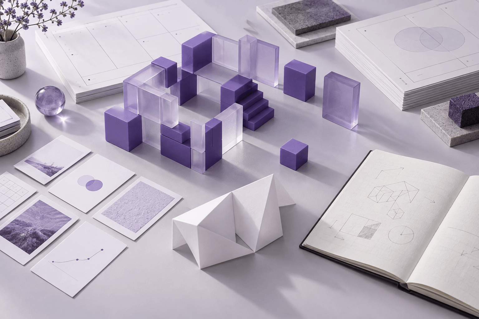 Prototipos modulares de cristal lila, modelos de negocio y bocetos para explorar una nueva oportunidad