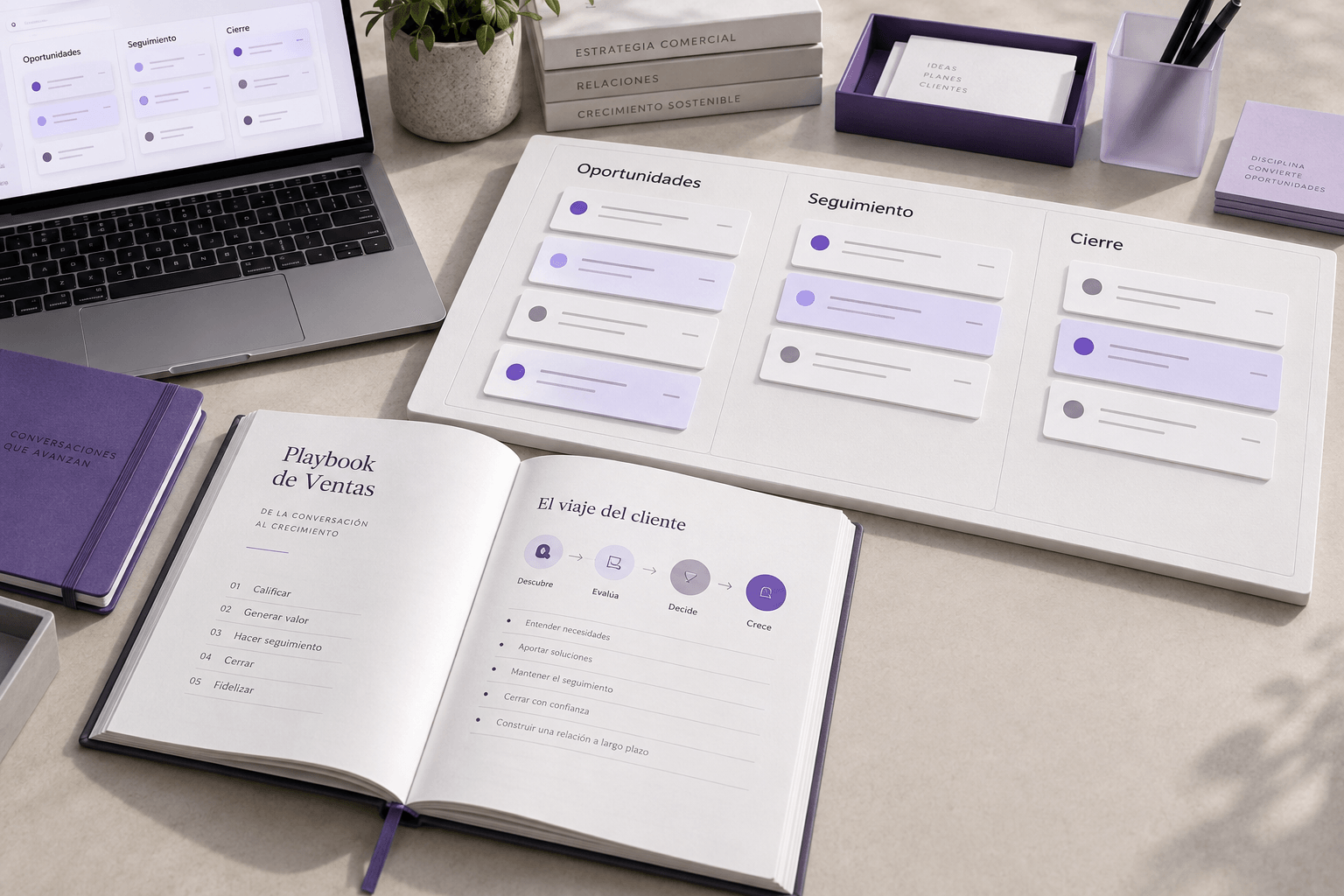 Tablero de oportunidades comerciales, CRM y playbook de ventas con etapas de seguimiento y cierre