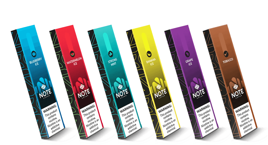 Presentaciones de Note Vapor en sus 6 sabores: Blueberry Ice, Watermelon Ice, Strong Mint, Banana Ice, Grape Ice y Tobacco