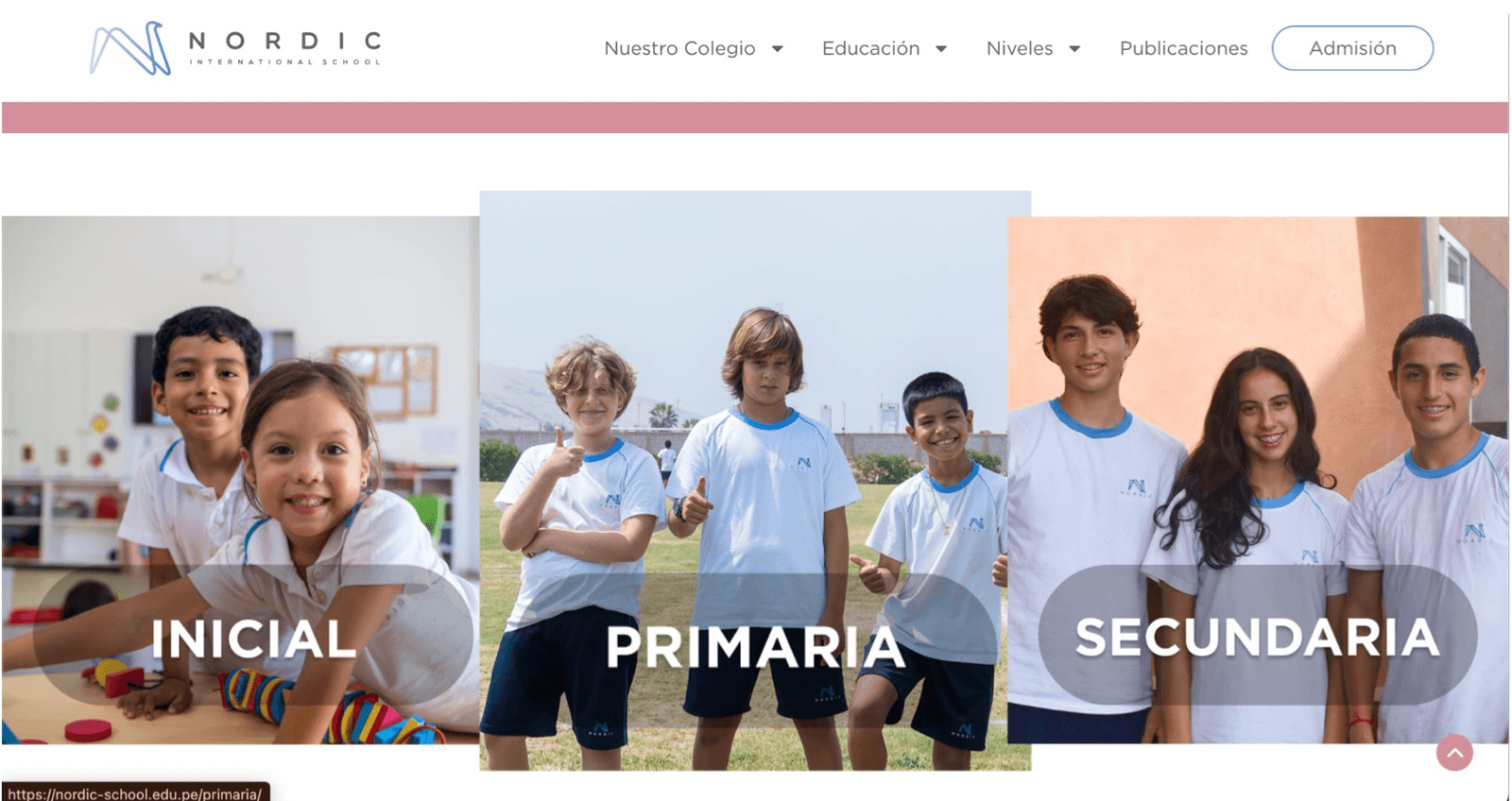 Página de Nordic International School que presenta sus niveles inicial, primaria y secundaria.