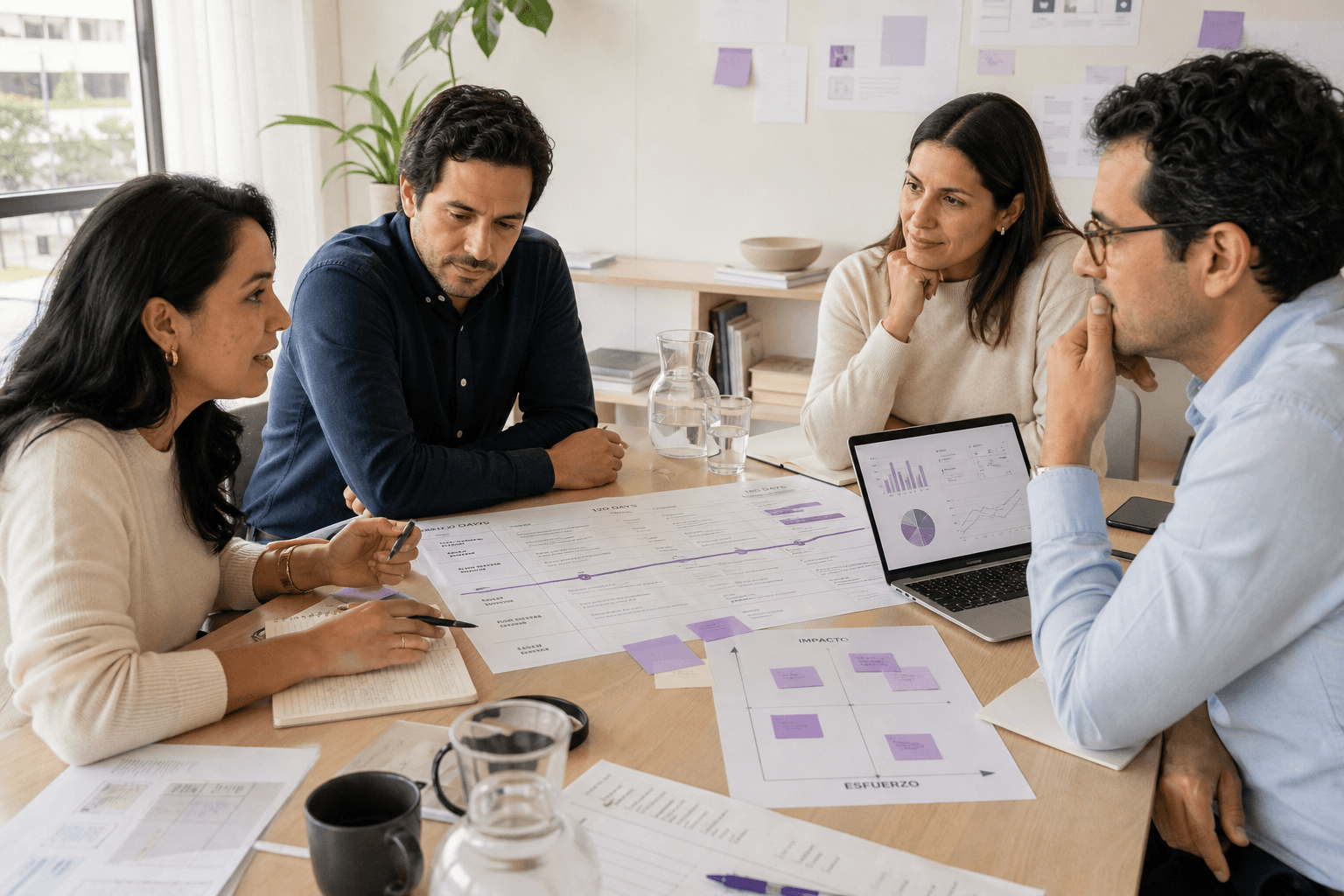 Equipo directivo trabajando con una consultora en un roadmap estratégico y una matriz de prioridades