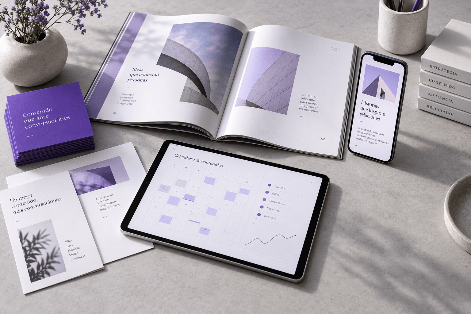 Sistema de contenidos con una revista, artículos en móvil y un calendario editorial en una tablet