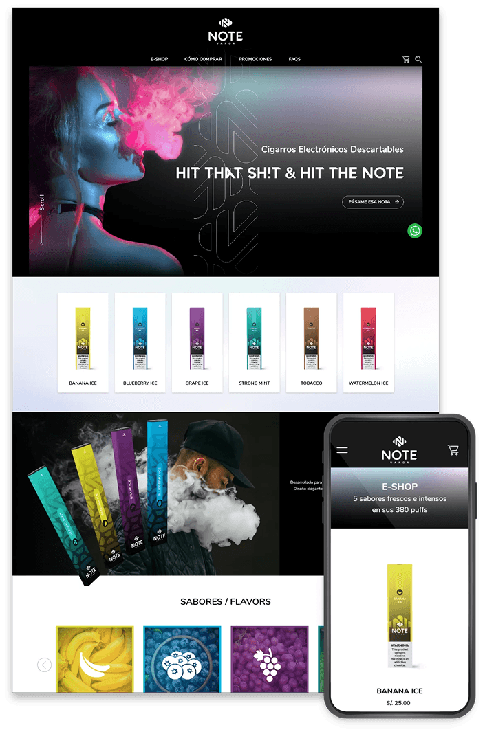 Ecommerce de Note Vapor en desktop y móvil
