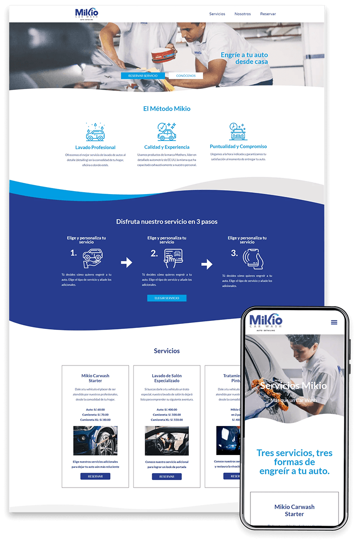 Desarrollo web de Mikio Car Wash en desktop y móvil